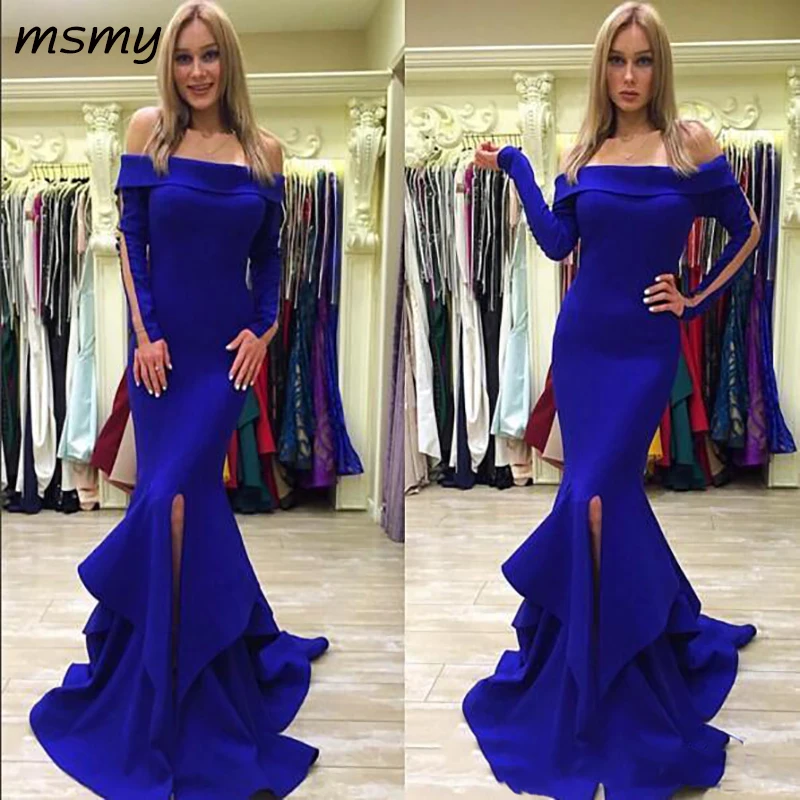 2018 New Royal Blue Mermaid Trumpet Evening Dresses Formal Party Gowns Off the shoulder Long Sleeves Split With Train Cheap Prom Dresses
