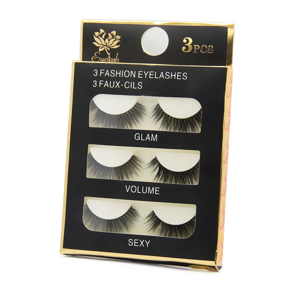 BeaKey Brand 3 Pairs False Eyelashes Black Thick Plastic Black Terrier Fake Eyelash Eyes Makeup