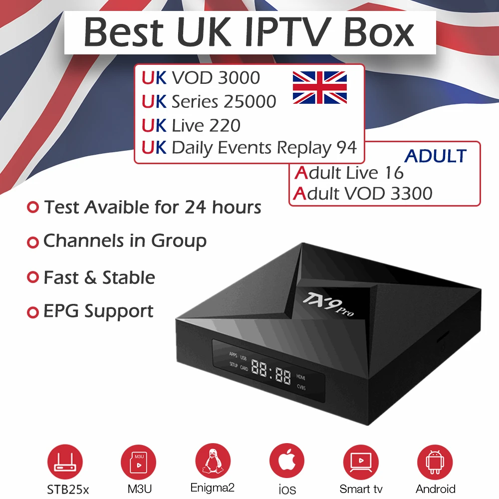 

TX9 Pro TV BOX Amlogic S912 BlueTooth 4.0 WiFi 4K Media Play UK Europe IPTV Subscription 220 UK 3000Live&VOD Adult Android 7.1