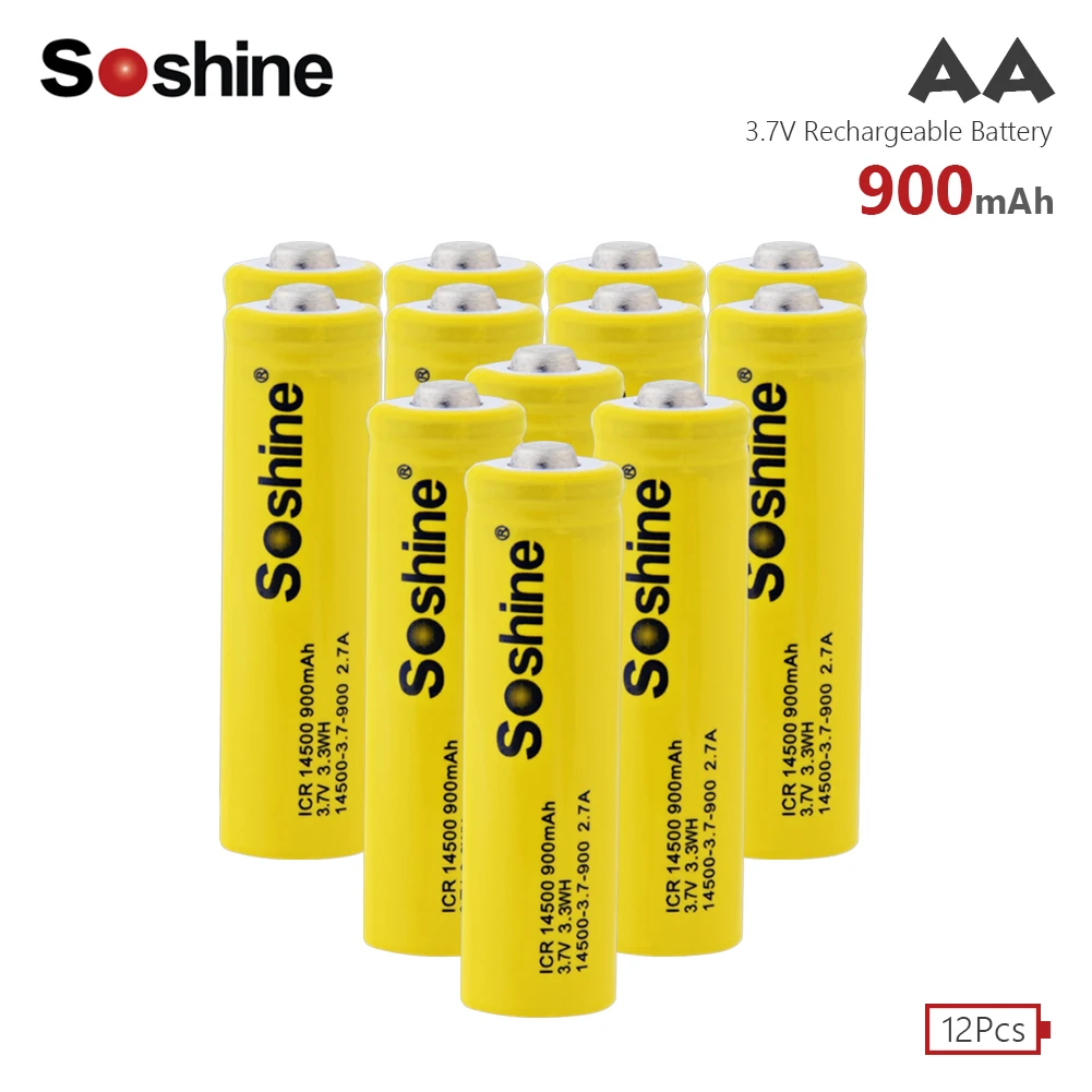 

Soshine 12PCS/Lot AA 14500 Li-Ion Battery Original 3.7V 900mah lithium Rechargeable 14500 Batteries For Energy Saving Flashlight