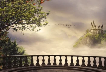 

Laeacco Mountains Trees Castle Railing Sunset Scenic Photography Backgrounds Customized Photographic Backdrops For Photo Studio