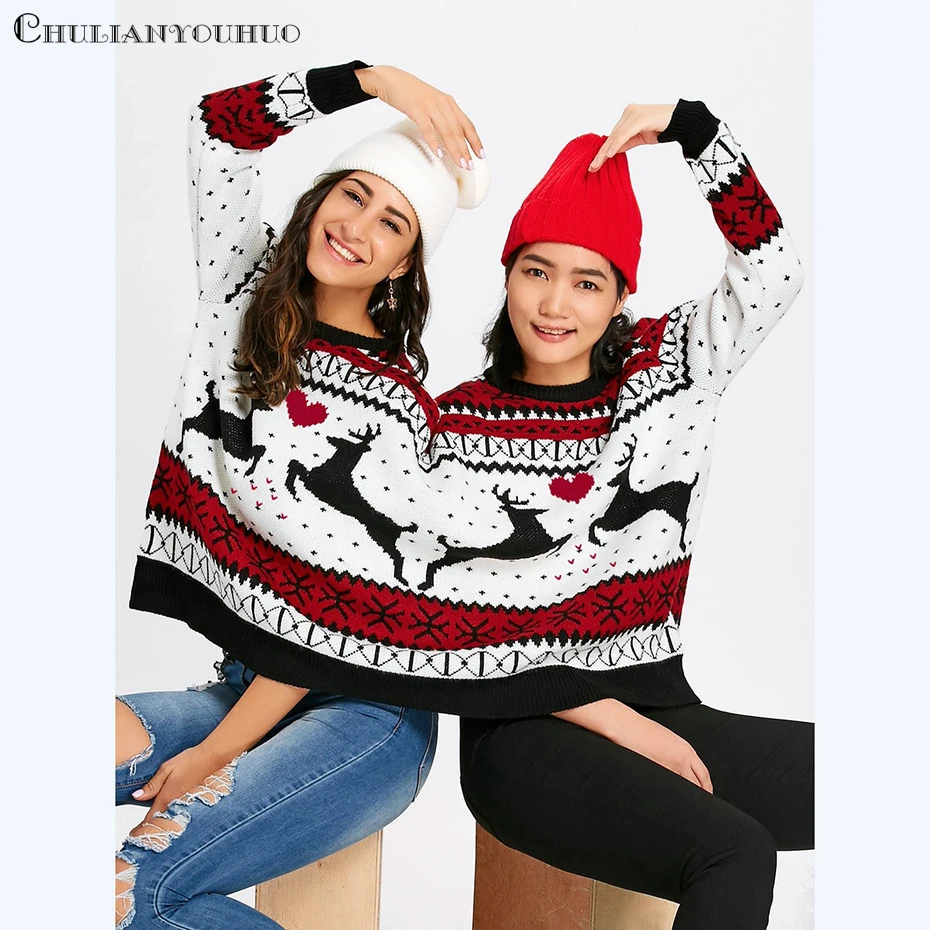 Christmas Reindeer Heart Two People Design Sweater Autumn Winter Clothing Casual Cute Funny 2019 New Year Clothes Pullovers  (3)
