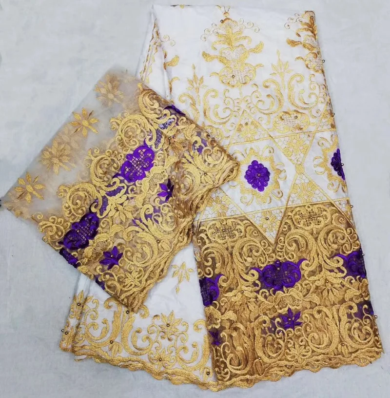 

(5+2yards/set ) high quality embroidered African bazin fabric white with net lace border plus French lace for party dressBZL32