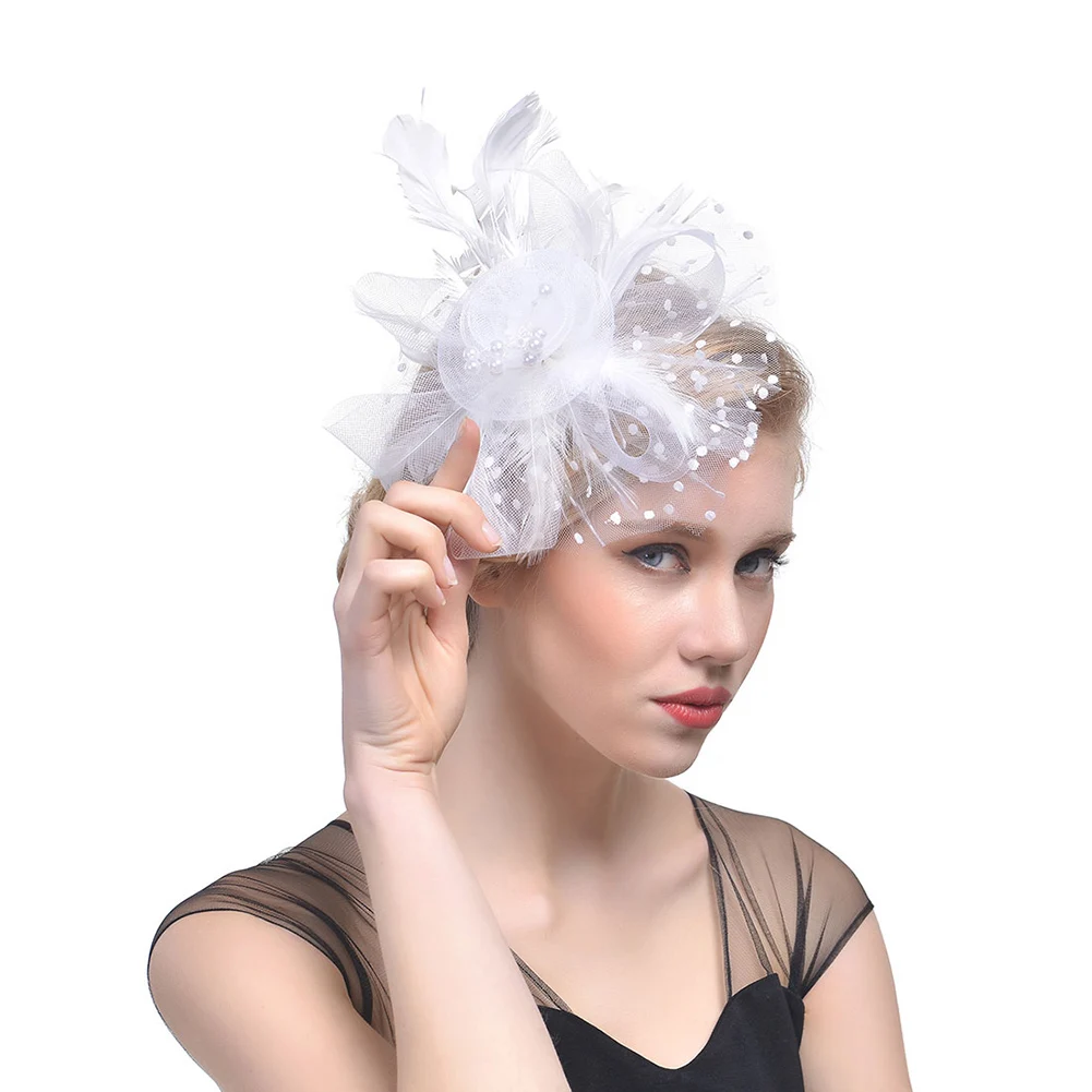 Элегантный цветок бисер с перьями сетки корсаж заколки для волос вечерние свадебные сетки аксессуары для волос головной убор Тиара шляпа - Цвет: Белый