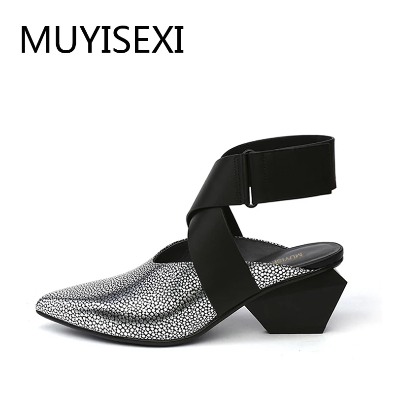 

Brand Mules Ankle Bandage Strap Women Pointed Toe Chunky Strange Heel 6cm Sandals Dress Party Shoes L049 MUYISEXI