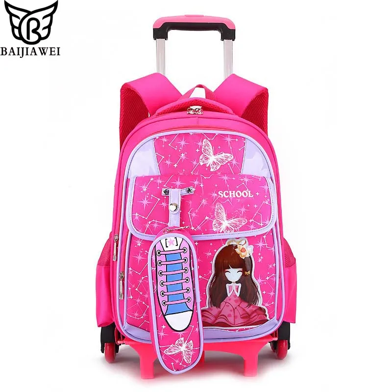 

BAIJIAWEI Children Removable Cartoon Trolley Bags 6 Wheels Kids Printing Backpack 8-12 Years Climb Stairs School Bags