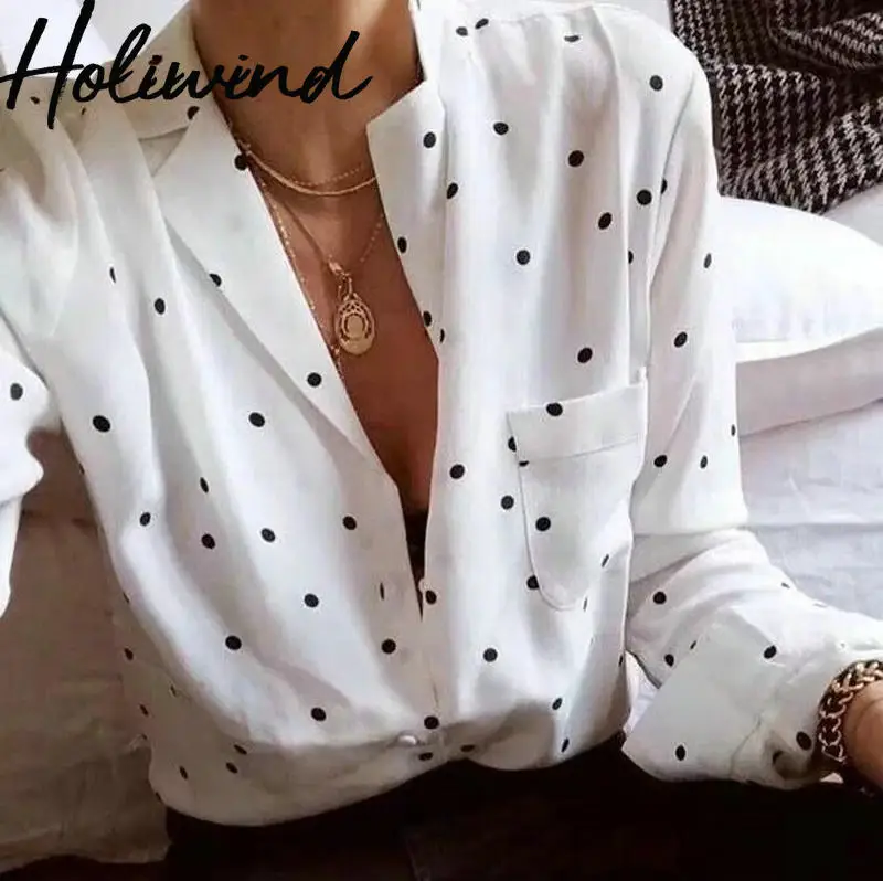 

2019 Women Long Sleeves Polka Dots White Blouse Notch Collar Elegant office lady Dot Print Shirts Female Tops