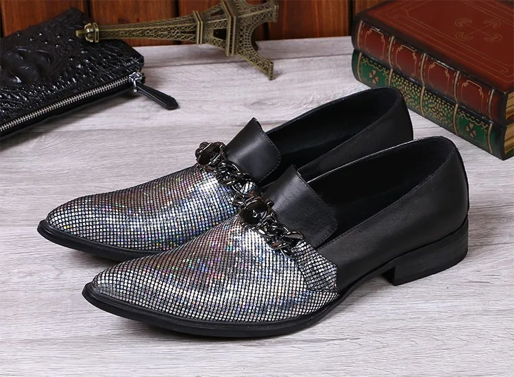 Choudory/черные лоферы с шипами; Серебристые блестящие Мужские модельные туфли без застежки; свадебные туфли для мужчин с цепочками; мужская кожаная обувь длительная - Цвет: as picture