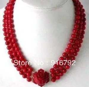 

free shipping ******* 3 Rows Red Coral Beads Flower Pendant Clasp Necklace(17"-19")