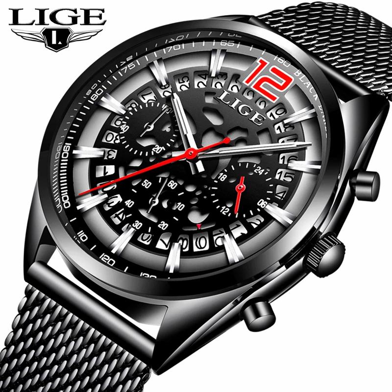 

LIGE Fashion Mens Watches Top Brand Luxury Business Quartz Watch Men Steel Mesh Strap Waterproof Sport Watch Relogio Masculino