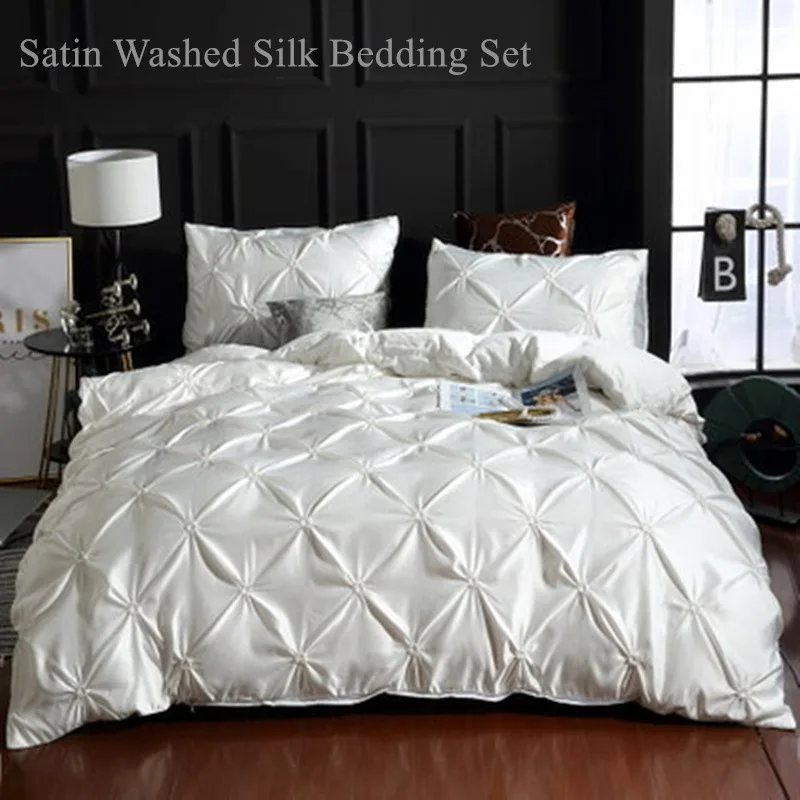 

Luxury Bedding Set Washed Silk Satin Duvet Cover Set Queen King Size Bed 3Pcs Pinch Pleat Solid Color Home Hotel Comforter Cover