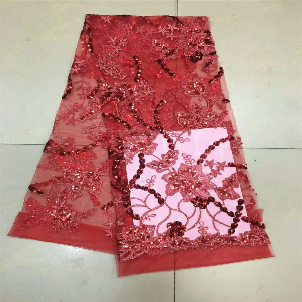

2018 Red African Lace Fabric French Sequins Net Lace High Quality African Sequin Lace Fabric HJ395-1
