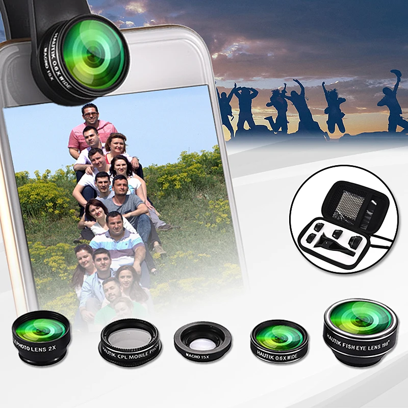 1 Set Deluxe 5in1 Lens Kit HD Lens 198 degree Fisheye 15X Macro lens