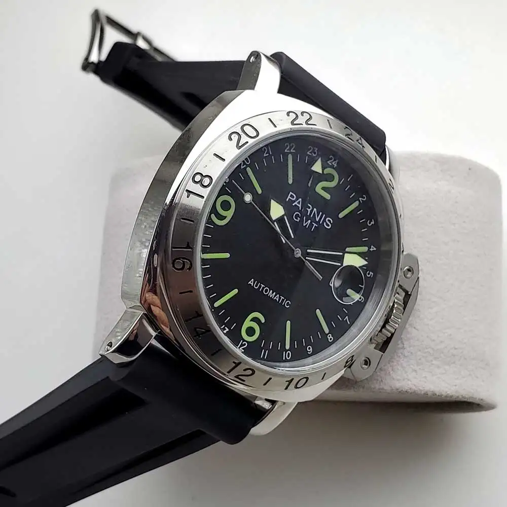 Наручные часы parnis GMT с черным циферблатом автоматические 44 мм корпус из