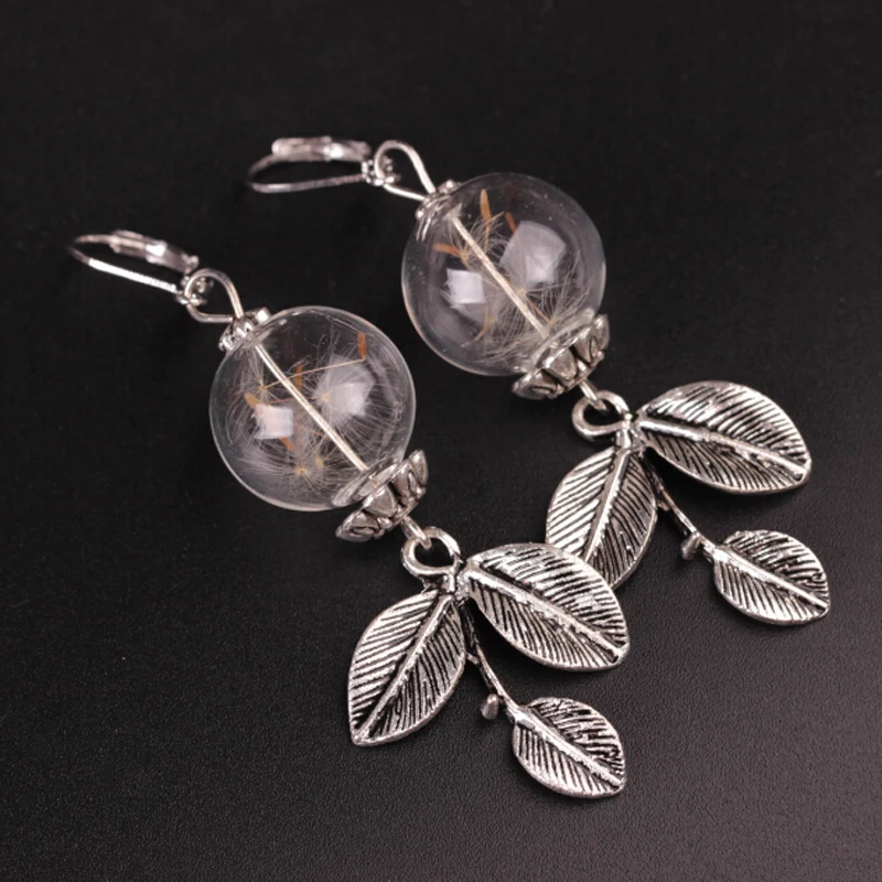 Charm Leaf Drop Earrings Dandelion Seed Glass Orb Earrings Make a Wish Earrings