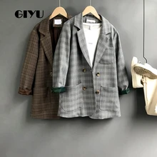 GIYU Spring Long Sleeve Vintage Double Breasted Blazers Women Plaid Printing Suit Pockets Casual Jacket