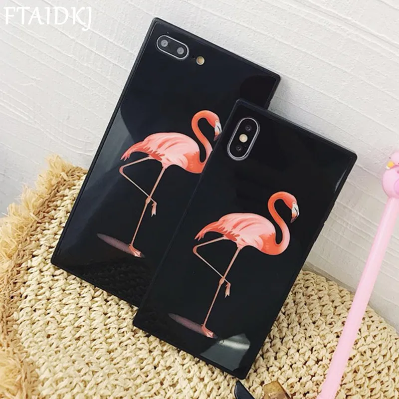 Модный милый мультяшный квадратный чехол-накладка с фламинго для iPhone X 10 6 6S 7 8 Plus