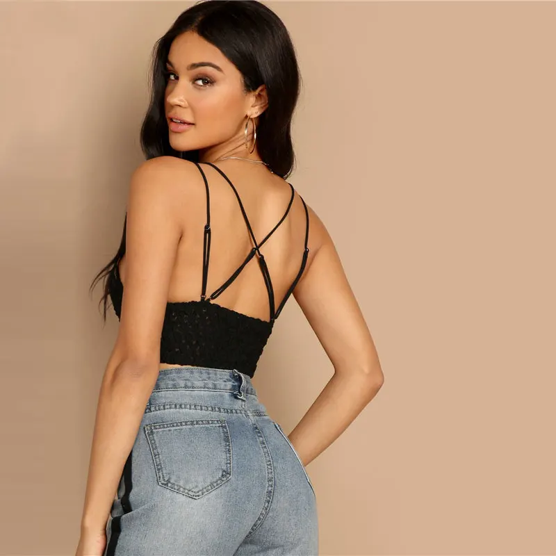 SHEIN черный кружевной топ с перекрестными бретельками на спине, женские летние топы, сексуальный облегающий топ с открытой спиной на тонких бретельках