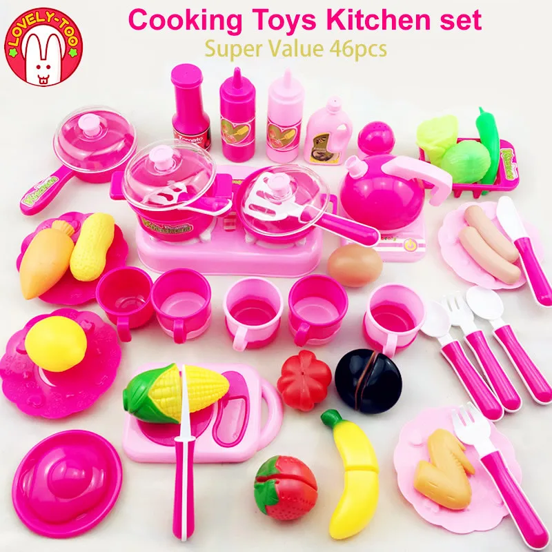 

46pcs Children's kitchen Toys Miniature Kitchen Cooking Toy Cutting Fruit Vegetable Food Frying Pan Educational Toys For Girls