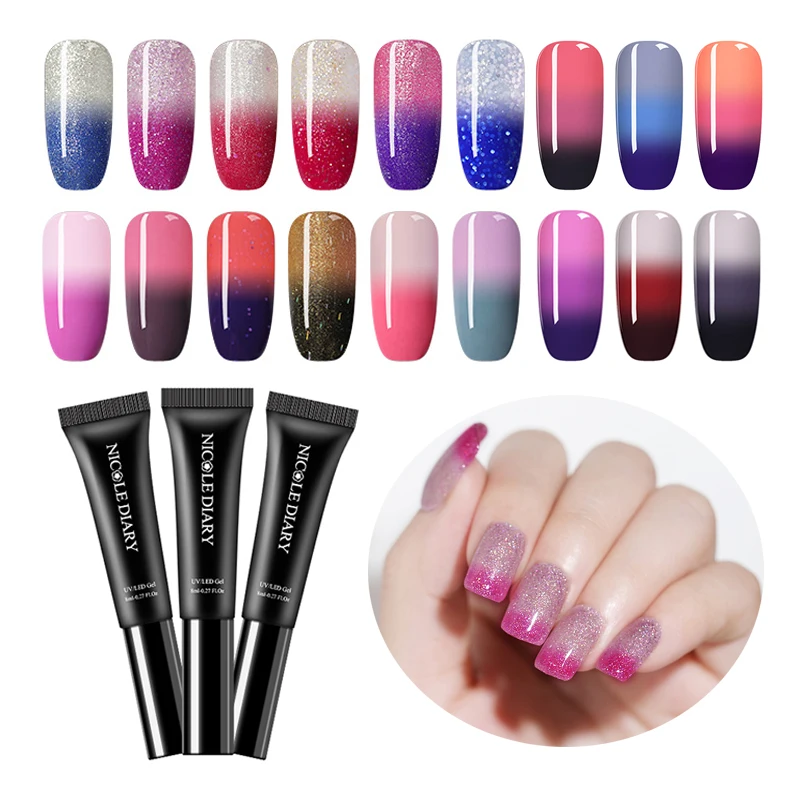 

NICOLE DIARY Thermal Ultra-thin Glitter 3 Colors Soak Off UV Gel Color-chaging Holographic Temperature Color Change Gel Nail