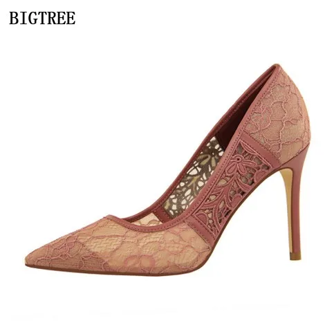 

BIGTREE Mesh Pumps Women Shoes High Heels 9.5cm Bridal Shoes Shallow Pointed Toe Sexy Lace Shoes Single Shoes Netted