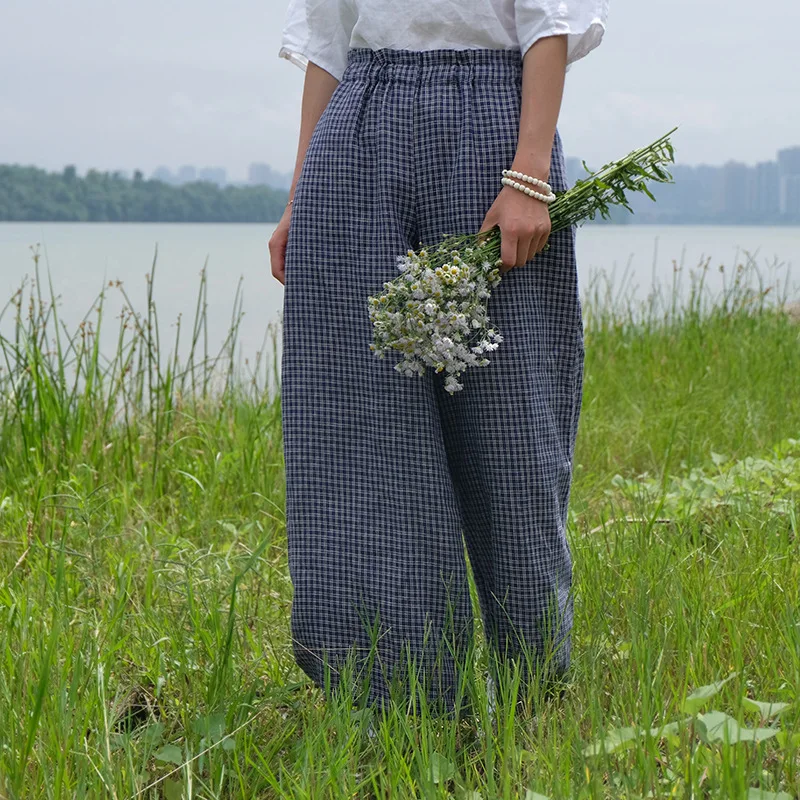 Mujeres 2018 De Tela Las Del Verano Femenino Anchos Pantalones Elástico Lino Retro Cintura Señoras Escocesa Pierna Pantalón Plaid Ancho La BFAwxX