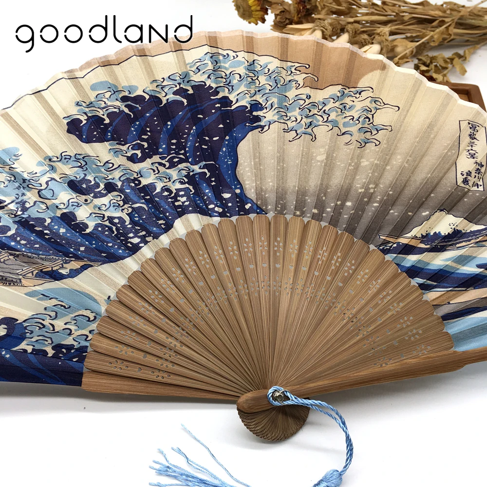 1pcs Japanese Real Silk Fan Mount Fuji Kanagawa Waves Bamboo Elegant Pocket Folding Fan Portable Women Fans Craft