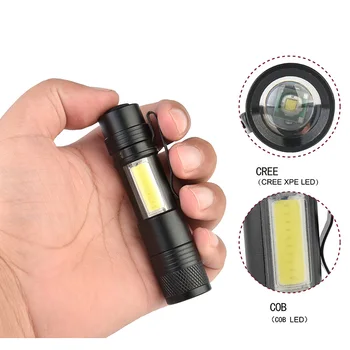 

yunmai New Mini Portable Aluminum Q5 LED Flashlight XPE&COB Work Light lanterna Powerful Pen Torch Lamp 4 Modes Use 14500 or AA