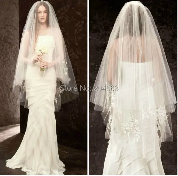 

Two-Layer White or Ivory Lace Wedding Bridal Veil Tulle Veil with Appliques