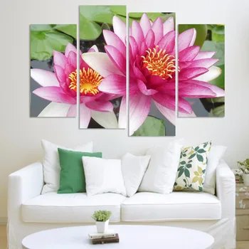 

4 Panel Wall Art Pictures Botanical Lotus Painting On Canvas Flower Print Poster Wall Pictures for Living Room Unframed