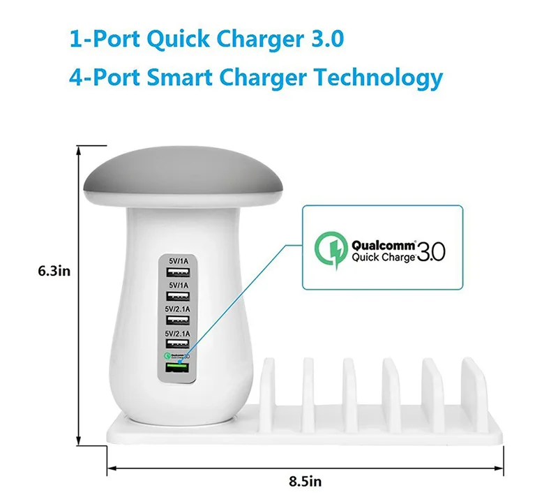 Quevinal 20 шт 5 портов USB Quick Charge 3,0 гриб светодиодный ночник настольная лампа настольная подставка держатель для смартфон на базе Android
