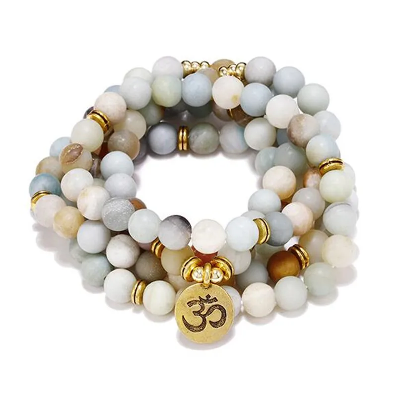 8mm Frosted Amazonite Necklace Or Bracelet 108 Prayer Beads Lotus OM Yoga Tree of life Pendant Buddhist Wrapped Wrists Men Women
