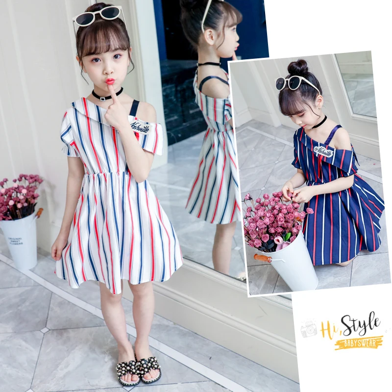 

2019 Summer Kids Dresses for Girls Cotton Short sleeve Striped Dress One Shoulder Children Clothes 10 8 12 years Vestidos Menina