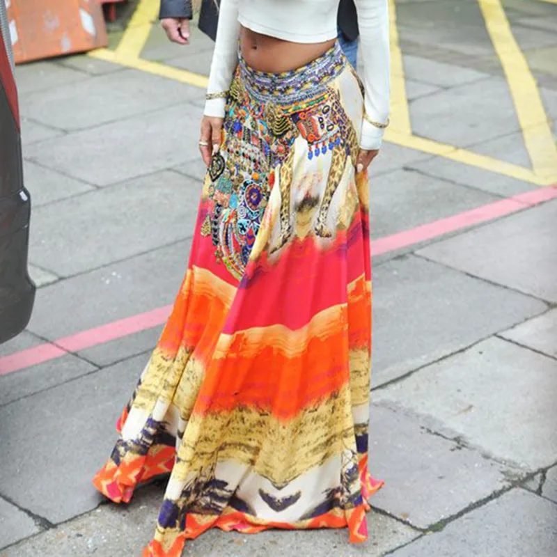 Jessie Vinson Summer Beach Plus Size Bohemia Vintage Style Loose Long Skirt Elastic Waist Ice Silk Print Maxi Skirt for Women Jessie Vinson Summer Beach Plus Size Bohemia Vintage Style Loose Long Skirt Elastic Waist Ice Silk Print Maxi Skirt for Women