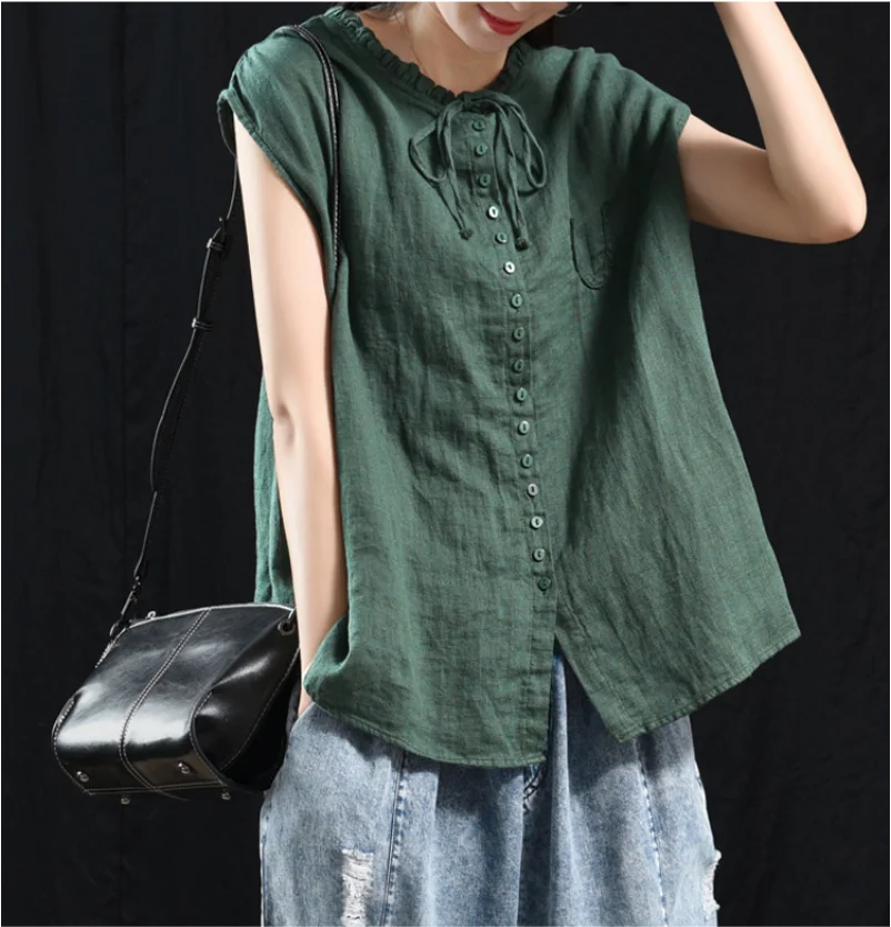 

Summer vest Women Slim-type Retro Pullovers New Tops Ruffled Drawstring Sleeveless Button Casual Female vest 2019 Tops