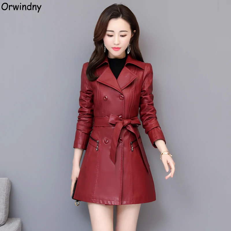 

Orwindny Slim Fashion Leather Trench Coats Women Spring Autumn Sashes Leather Clothing Female Office Lady Trench High Quality
