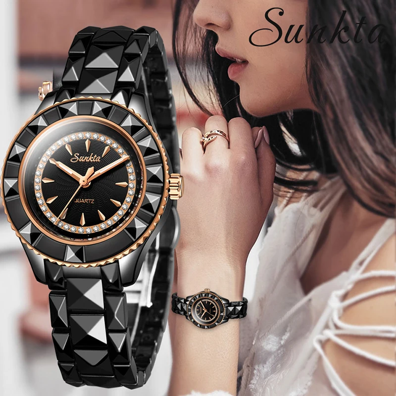 

SUNKTA All black Ceramic Women Watches Ladies Fashion Simple Quartz Watch Women Top Brand Luxury Female Clock Relogio Feminino