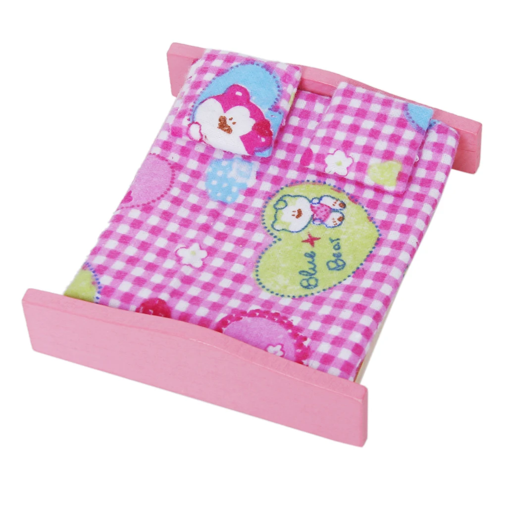 1:12 Wooden Dollhouse Wooden Furniture Bedroom Bed Pillow Wardrobe Bedside Set Pink House Decor Accessories Pretend Play Toys