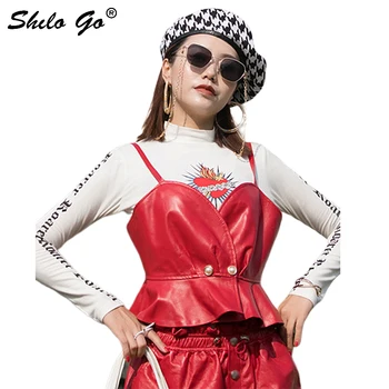 

Streetwear Leather Tanks Womens Sexy Strap Deep V Neck Ruffles Peral Button High Waist Sheepskin Genuine Leather A Line Caims