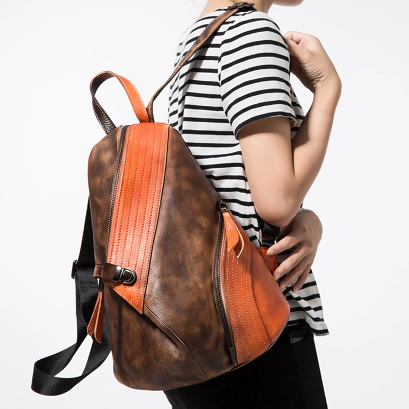 

High Quality Natural Skin Vintage Rucksack Daypack Student Knapsack Brush Color School Travel Bag Genuine Leather Women Backpack