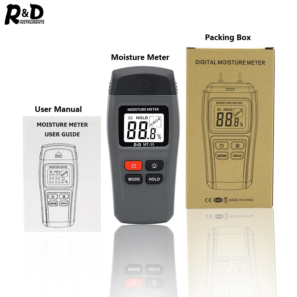 R& D MT15 измеритель влажности древесины, измеритель влажности древесины, гигрометр, детектор влажности древесины, тестер плотности деревьев с подсветкой серого цвета