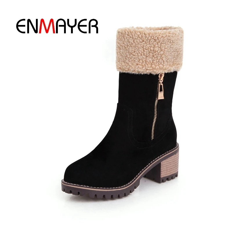 

ENMAYER Ankle Boots Booties 2018 Woman Winter Boots Size 34-39 Pointed Toe Zip Causal Round toe Faux Fur Thick High heels CR2033