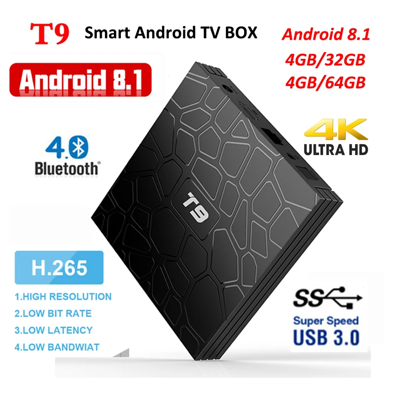 

2019 T9 Smart TV Box Android 9.0 RK3328 4GB 32GB 64GB 2.4Ghz WIFI USB3.0 H.265 4K Google Play Store Netflix Youtube set top box