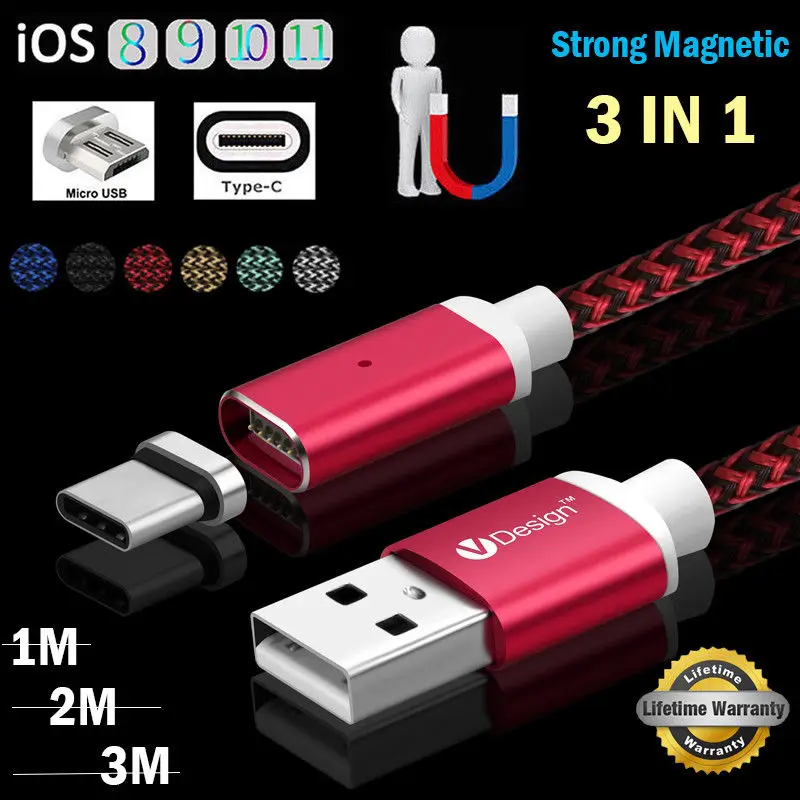 1/2/3 м 3в1 2.1A Высокоскоростной магнитный Плетеный Micro USB/IOS/Type C зарядный кабель шнур