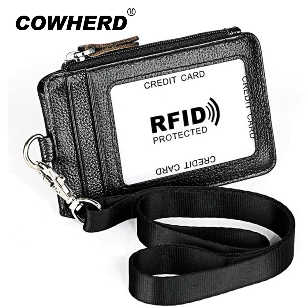 

Working Badge RFID Card Cover Anti-magnetic Genuine Leather Card Holder Office Staff Working Permit Badge with Buckle Wholesale
