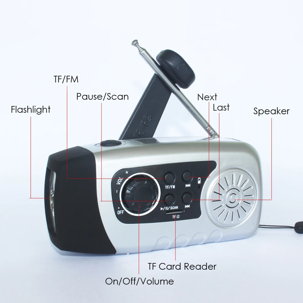 

Rechargeable Phone Charger Hand Crank TF/FM Solar Radio Small Generator LED Flashlight