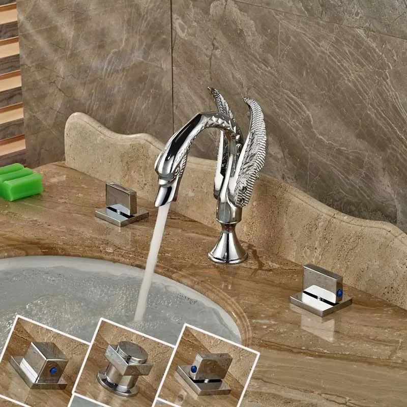 

Three Holes Dual Handles Chrome Finish Swan Shaped Spout Basin Faucet for Bathroom