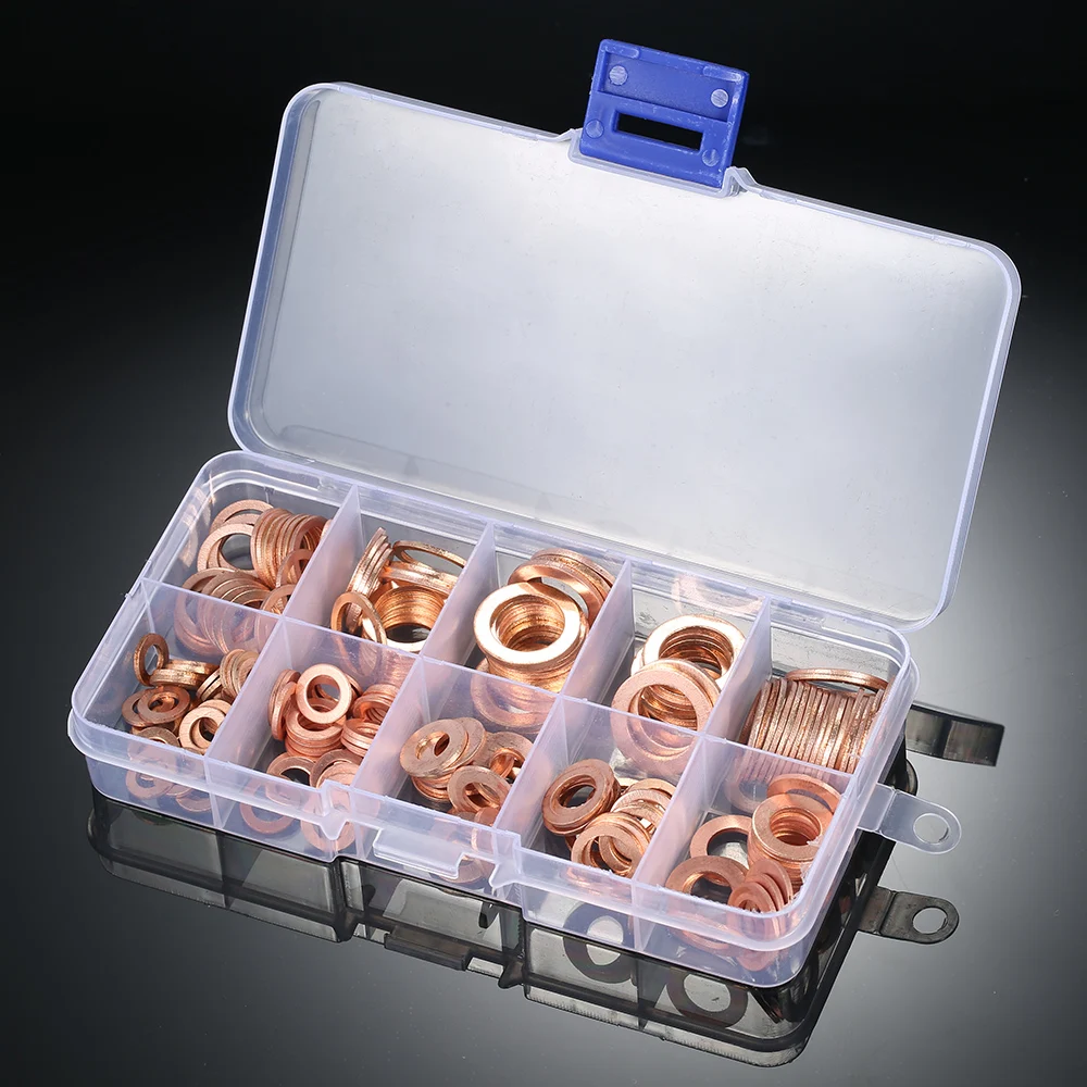 

200PCS M5-M14 Copper Washers Gasket Set Flat Ring Seal Assortment Kit with Box 9 Sizes for Hardware Accessories+ Storage Box