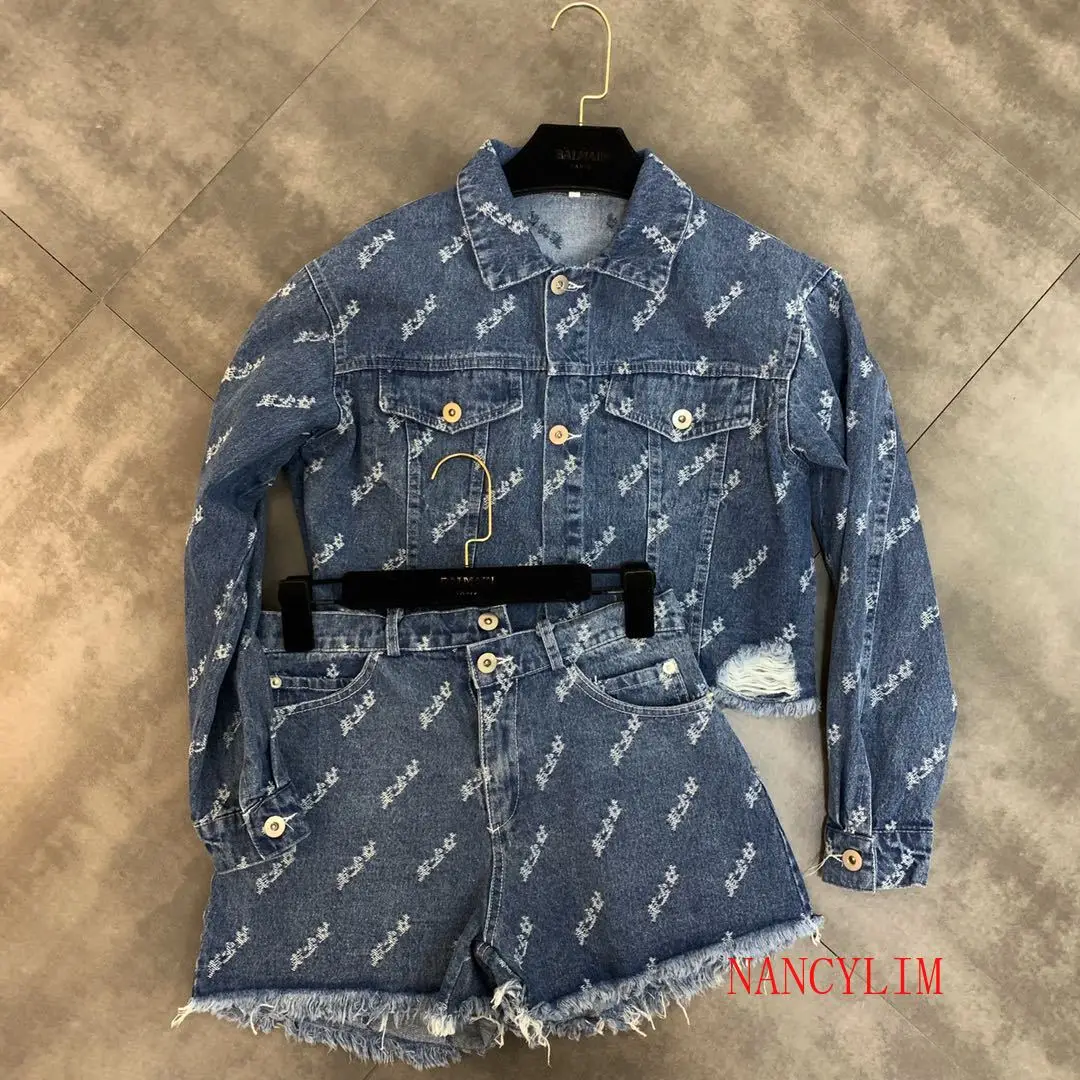 

2019 Summer Fashion Jeans Suit Womens Two Piece Short Print Long Sleeve Denim Jacket+irregular Jeans Shorts Hot Pants Set Girls
