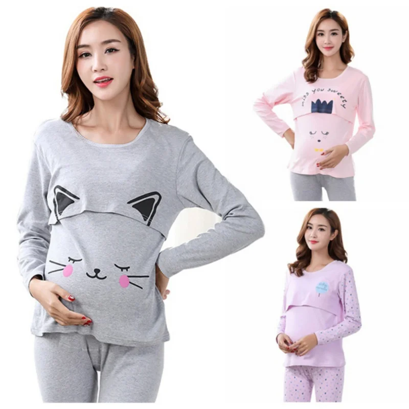 

Maternity T-Shirt +Pants Maternity Clothing Set Long Sleeves Nursing Breastfeeding Tops for pregnancy Clothes